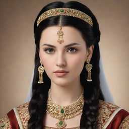 An authoritative female king with a roundish face, almond eyes, long arched eyebrows, a compact straight nose. Her imperial attire is adorned with intricate ornaments and gems. Long black hair in two braids, covered by a flowing veil.