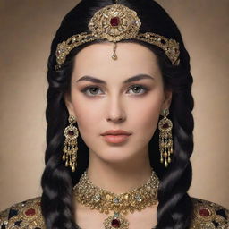 An authoritative female king with a roundish face, almond eyes, long arched eyebrows, a compact straight nose. Her imperial attire is adorned with intricate ornaments and gems. Long black hair in two braids, covered by a flowing veil.