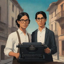 Animated book cover depicting two friends in Intramuros during the Philippine Spanish era. The male character, clad in glasses, holds a typewriter. The female, with long, dark hair, is without glasses. In the background, their other male friend casts an ominous shadow.