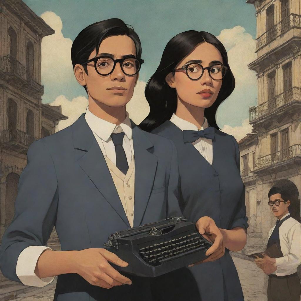 Animated book cover depicting two friends in Intramuros during the Philippine Spanish era. The male character, clad in glasses, holds a typewriter. The female, with long, dark hair, is without glasses. In the background, their other male friend casts an ominous shadow.