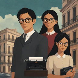 Animated book cover depicting two friends in Intramuros during the Philippine Spanish era. The male character, clad in glasses, holds a typewriter. The female, with long, dark hair, is without glasses. In the background, their other male friend casts an ominous shadow.