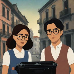 Animated book cover depicting two friends in Intramuros during the Philippine Spanish era. The male character, clad in glasses, holds a typewriter. The female, with long, dark hair, is without glasses. In the background, their other male friend casts an ominous shadow.