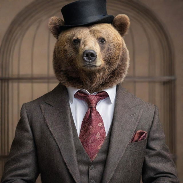 A regal bear meticulously dressed in a dapper suit, confined in a quaint, small cage.