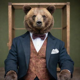 A regal bear meticulously dressed in a dapper suit, confined in a quaint, small cage.