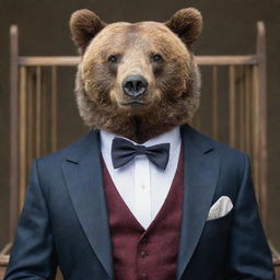 A regal bear meticulously dressed in a dapper suit, confined in a quaint, small cage.