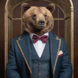 A regal bear meticulously dressed in a dapper suit, confined in a quaint, small cage.