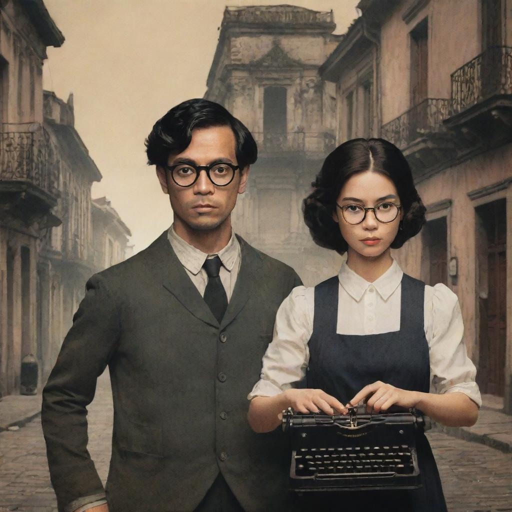 Animated book cover showing a male and female lost in Intramuros during the Philippines' Spanish era. The male character, holding a typewriter, is wearing glasses whilst his female companion does not have any. An ominous, shadowy presence hints at unseen danger.