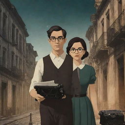 Animated book cover showing a male and female lost in Intramuros during the Philippines' Spanish era. The male character, holding a typewriter, is wearing glasses whilst his female companion does not have any. An ominous, shadowy presence hints at unseen danger.