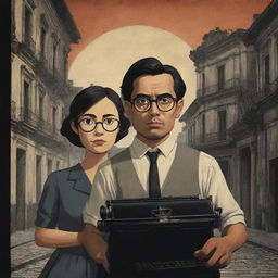 Animated book cover showing a male and female lost in Intramuros during the Philippines' Spanish era. The male character, holding a typewriter, is wearing glasses whilst his female companion does not have any. An ominous, shadowy presence hints at unseen danger.