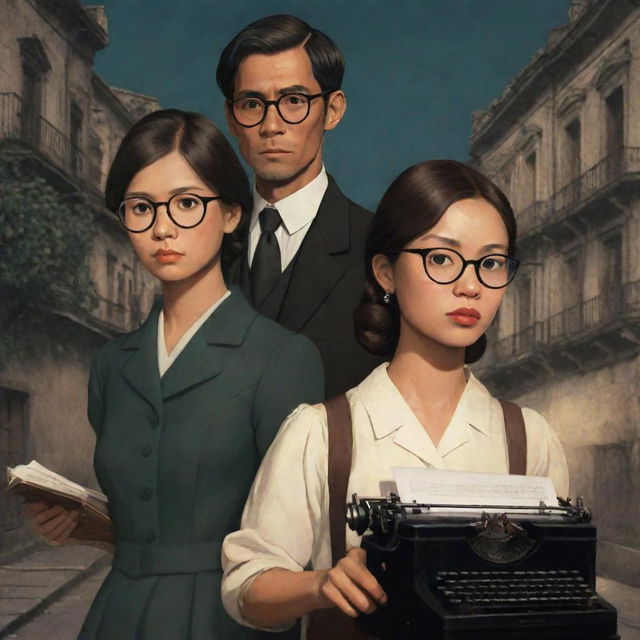 Animated book cover showing a male and female lost in Intramuros during the Philippines' Spanish era. The male character, holding a typewriter, is wearing glasses whilst his female companion does not have any. An ominous, shadowy presence hints at unseen danger.