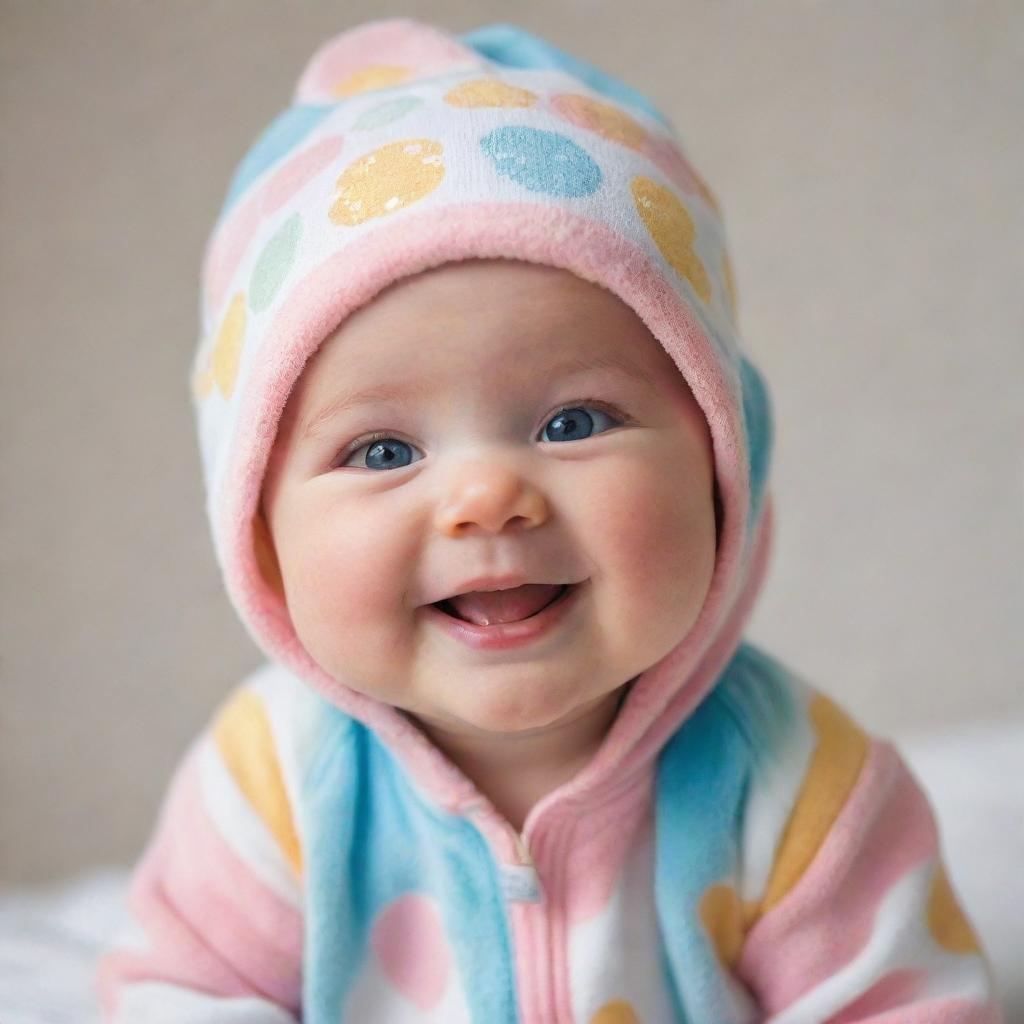 A charismatic baby with rosy cheeks, sparkling eyes, and a charming smile dressed in a cute, colorful onesie