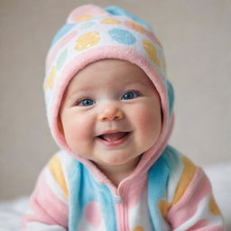 A charismatic baby with rosy cheeks, sparkling eyes, and a charming smile dressed in a cute, colorful onesie