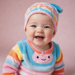 A charismatic baby with rosy cheeks, sparkling eyes, and a charming smile dressed in a cute, colorful onesie