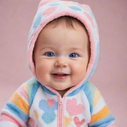 A charismatic baby with rosy cheeks, sparkling eyes, and a charming smile dressed in a cute, colorful onesie