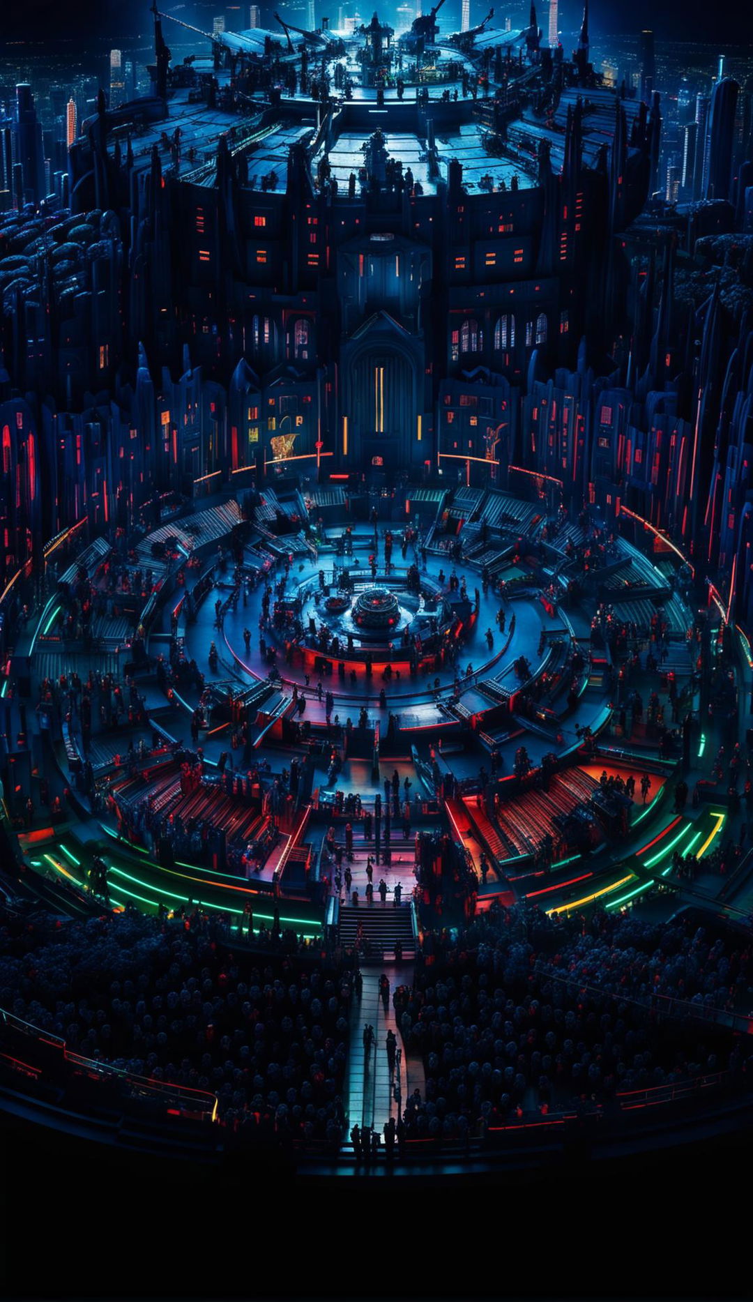 A neon-lit cyberpunk battle colosseum in a futuristic city, with cybernetically enhanced warriors engaged in a battle royale on a central stage, surrounded by a cheering crowd and drones capturing the action.