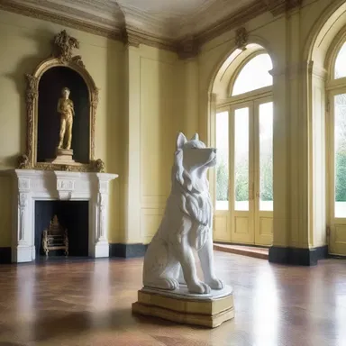 The grand foyer of the mansion was adorned with a regal statue of a collie, paying homage to its role as a symbol of loyalty and protection.
