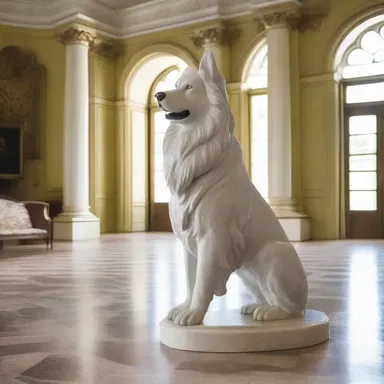 The grand foyer of the mansion was adorned with a regal statue of a collie, paying homage to its role as a symbol of loyalty and protection.