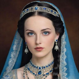 A striking Caucasian female king with a roundish face, almond-shaped blue eyes, long arching eyebrows, and a small straight nose. She dons an imperial dress richly adorned with ornaments and precious stones. Her long black hair is styled in two braids, covered with a long gray veil.