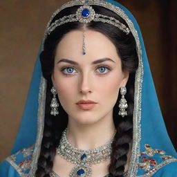 A striking Caucasian female king with a roundish face, almond-shaped blue eyes, long arching eyebrows, and a small straight nose. She dons an imperial dress richly adorned with ornaments and precious stones. Her long black hair is styled in two braids, covered with a long gray veil.