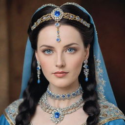 A striking Caucasian female king with a roundish face, almond-shaped blue eyes, long arching eyebrows, and a small straight nose. She dons an imperial dress richly adorned with ornaments and precious stones. Her long black hair is styled in two braids, covered with a long gray veil.