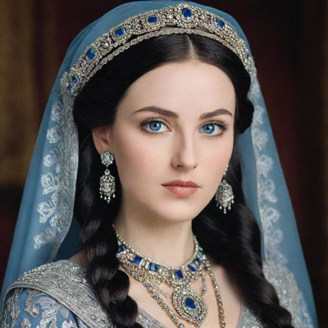 A striking Caucasian female king with a roundish face, almond-shaped blue eyes, long arching eyebrows, and a small straight nose. She dons an imperial dress richly adorned with ornaments and precious stones. Her long black hair is styled in two braids, covered with a long gray veil.