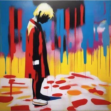 The artist depicted a stark contrast between the vibrant colors and the bleach of the background, symbolizing the loss of innocence.