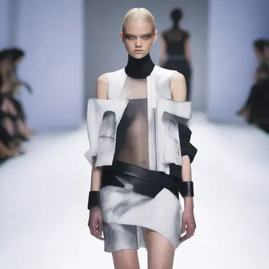 The fashion designer showcased a collection featuring avant-garde garments with bleach stains, creating a futuristic and edgy look.