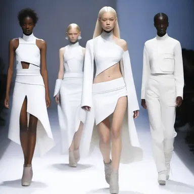 The fashion designer showcased a collection featuring avant-garde garments with bleach stains, creating a futuristic and edgy look.