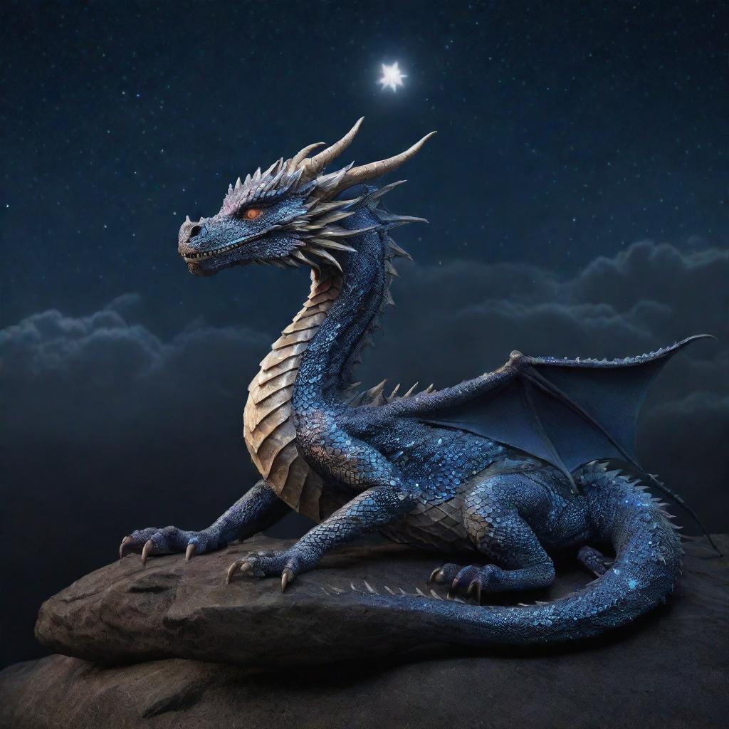 A mystic dragon resting under a star-filled midnight sky