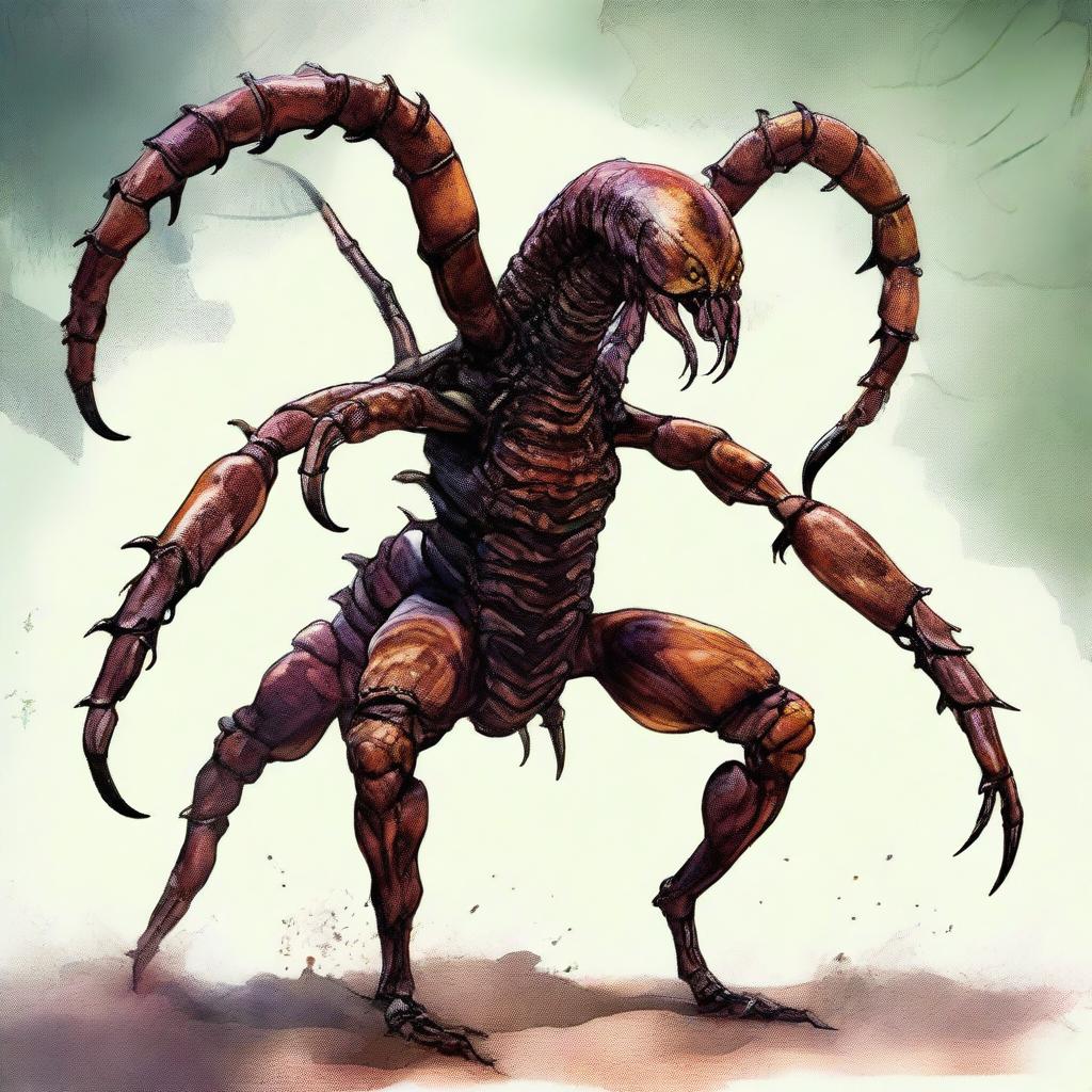 A digital art piece portraying a full body character of a demonic humanoid scorpion monster