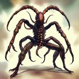 A digital art piece portraying a full body character of a demonic humanoid scorpion monster