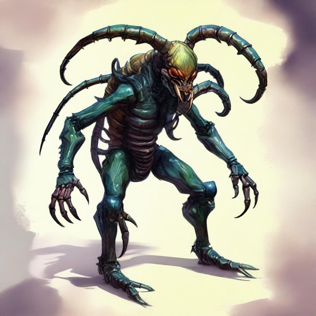 A digital art piece portraying a full body character of a demonic humanoid scorpion monster