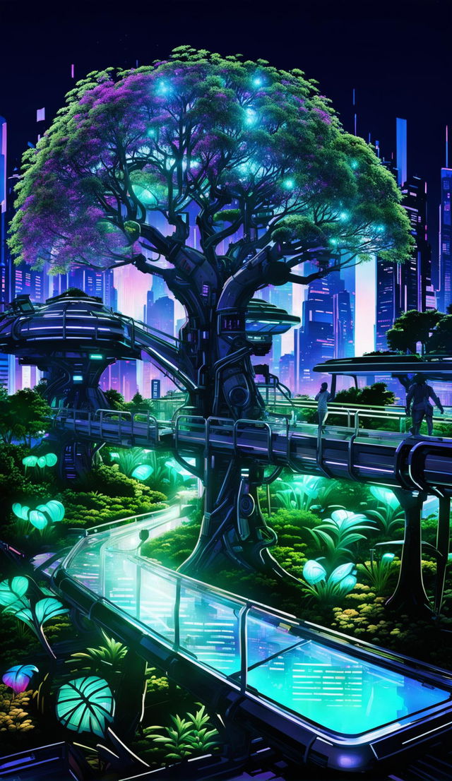 A cyberpunk botanical garden in a neon-lit city with bioluminescent plants, chrome walkways, a cybernetic tree, and clean air despite urban surroundings.