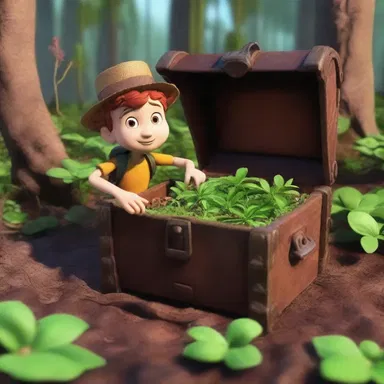The character in the adventure film discovers a hidden treasure chest buried beneath sarsaparilla root plants.