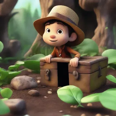 The character in the adventure film discovers a hidden treasure chest buried beneath sarsaparilla root plants.