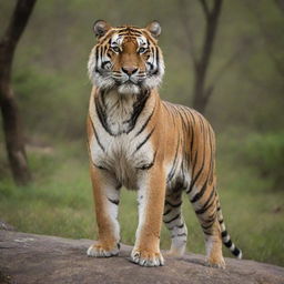 A powerful, dominant tiger standing majestically in its natural habitat, exuding confidence and strength.