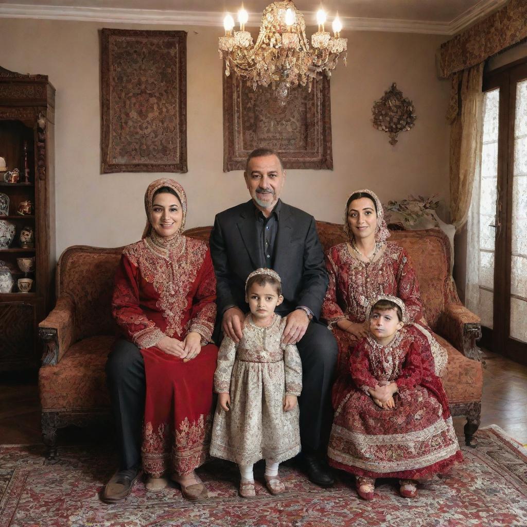 A traditional Turkish family wearing authentic clothing, gathered inside a beautifully decorated living room