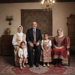 A traditional Turkish family wearing authentic clothing, gathered inside a beautifully decorated living room