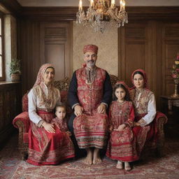 A traditional Turkish family wearing authentic clothing, gathered inside a beautifully decorated living room