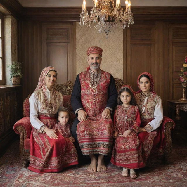 A traditional Turkish family wearing authentic clothing, gathered inside a beautifully decorated living room