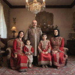 A traditional Turkish family wearing authentic clothing, gathered inside a beautifully decorated living room