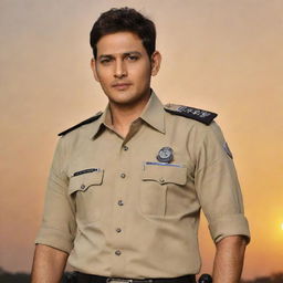 Mahesh Babu, Indian actor, dressed in police uniform posed dramatically against a sunset background.