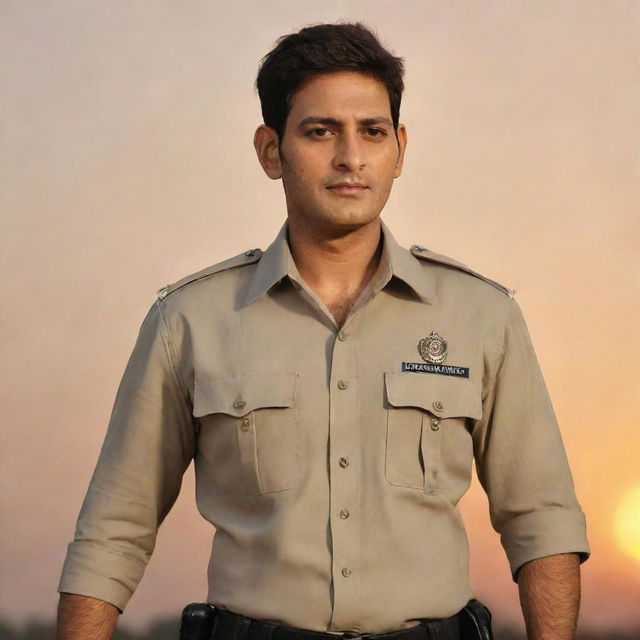 Mahesh Babu, Indian actor, dressed in police uniform posed dramatically against a sunset background.