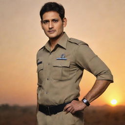 Mahesh Babu, Indian actor, dressed in police uniform posed dramatically against a sunset background.