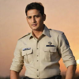 Mahesh Babu, Indian actor, dressed in police uniform posed dramatically against a sunset background.