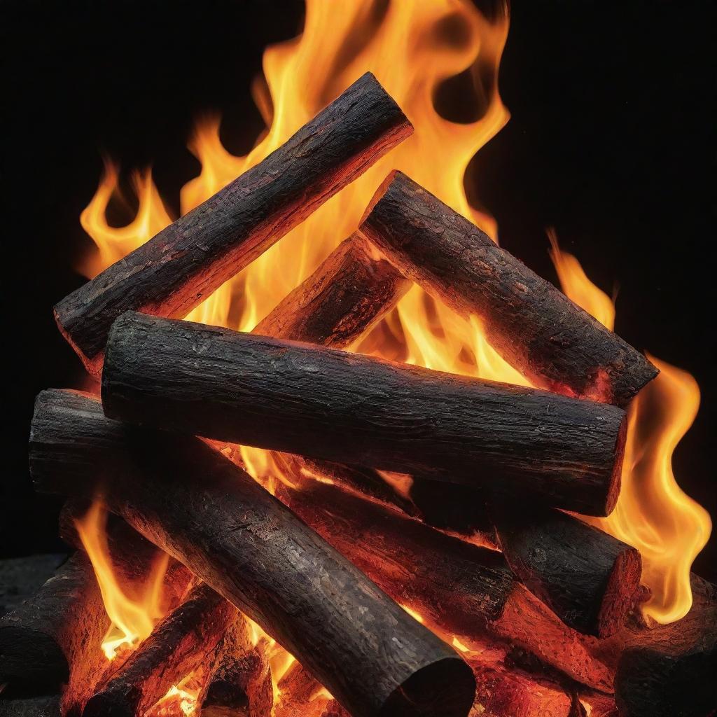 A roaring fire with orange, yellow, and red flames against a dark night background.