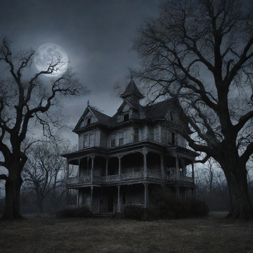 A horrifying haunted house under a gloomy moonlit sky, with skeletal trees casting eerie shadows.