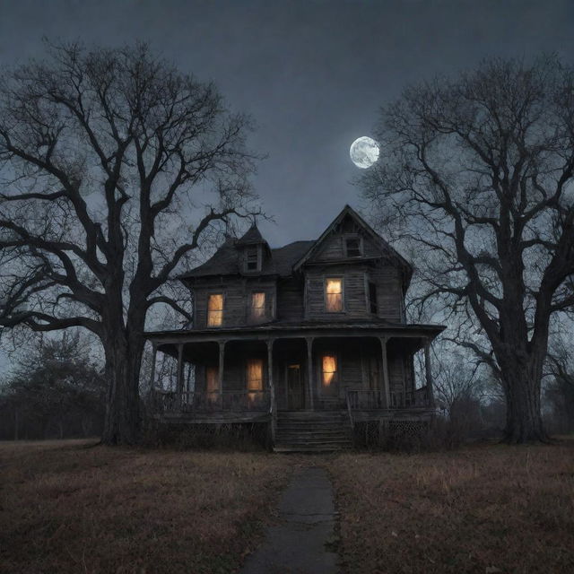 A horrifying haunted house under a gloomy moonlit sky, with skeletal trees casting eerie shadows.