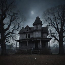 A horrifying haunted house under a gloomy moonlit sky, with skeletal trees casting eerie shadows.