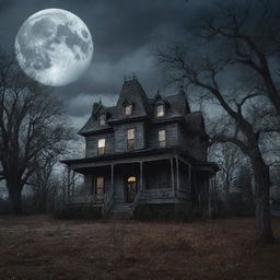 A horrifying haunted house under a gloomy moonlit sky, with skeletal trees casting eerie shadows.